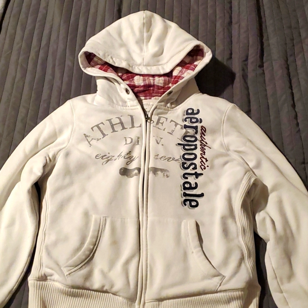 AEROPOSTALE White Logo Zip Up Sweater, Sz XL, Thicken Plaid Inside